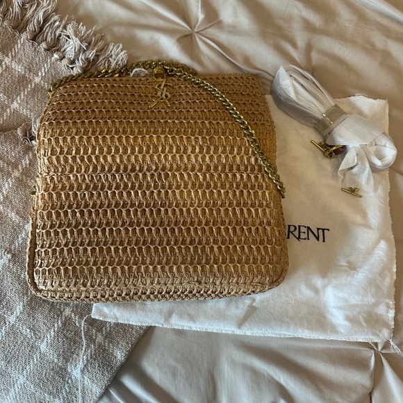 Yves Saint Laurent Natural Raffia Shoulder Bag with Gold Chain - Picture 7 of 8
